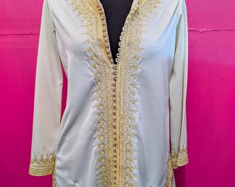 Vintage 1970er Jahre Ivory Gold Bestickte Boho Stretch Tunika Top Unisex L Large, Festival Top, Retro 70er Tunika, Indische Tunika