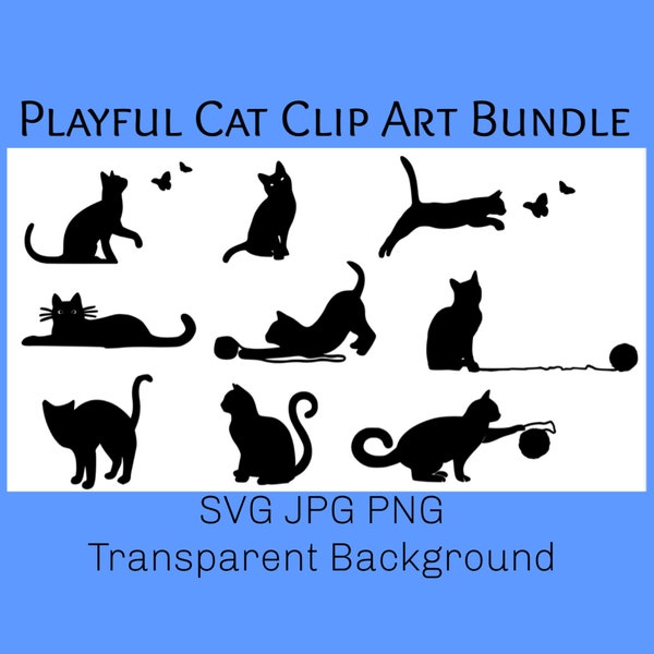 Cat with Yarn svg, Cat Silhouette Clip Art, Cat Bundle png, Playful Cat svg, Scrapbook Cat, Black Cat Digital Download, Kitty Clipart