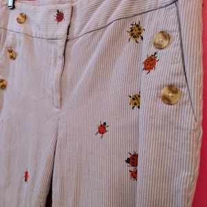 Op de afbeelding: Close-up van lichtblauwe en wit gestreepte broek met lieveheersbeestjesborduurwerk. De broek heeft grote, ronde, bruine knopen en een klassiek, op maat gemaakt ontwerp. De lieveheersbeestjes zijn rood, geel en zwart.