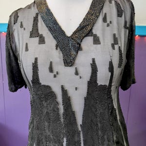 Antique Vintage Sheer 1920s Flapper Style Black Beaded Silk Chiffon Blouse Top L