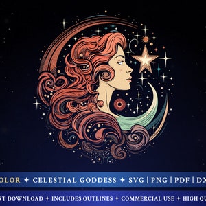 Moon Goddess SVG, Diseño de silueta de mujer celestial, Descarga digital, Versión de contornos GRATIS, Incluye svg, png, pdf, dxf, Archivos de corte SVG