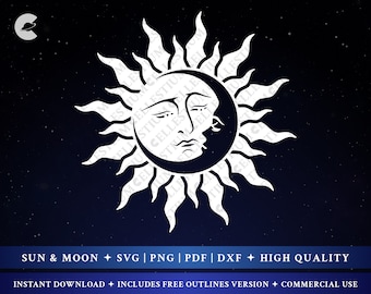 Sun and Moon SVG, Digital Download Pack, FREE Outline Files, Includes svg, png, pdf, dxf, SVG Cutting Files, Celestial Silhouette