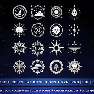 16 Celestial Rune Icons Bundle, Digitale Download, GRATIS Zwart-Wit Versie, Inclusief svg, png, pdf, dxf, Boho Icons, Celestial Clipart