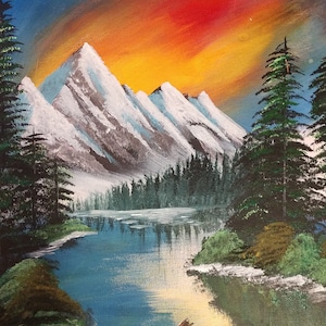 Bob Ross Style Acrylic Sunset Painting