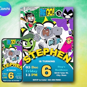 Die Teen Titans GO! Inspirierte Geburtstagseinladung Digital bearbeitbare Canva Vorlage 6.Geburtstagsfeier E-vite Robin Raven Cyborg Starfire Beast Boy