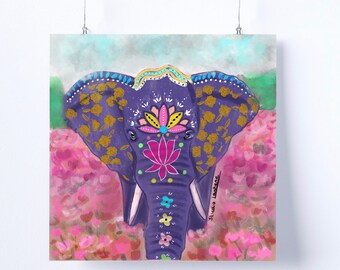 Jaipur spirit - poster vierkant - wall art -purple Elephant - pink - India - Interior art -Illustration art - bohemian style - Elephant art