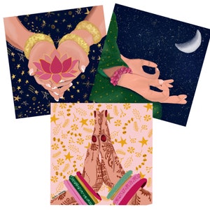 Conjunto de 3 postales (148x148) - Tarjetas de invierno - Tarjetas navideñas - Loto - Oriental - Estampado de estrellas - Tarjetas artísticas - Zen