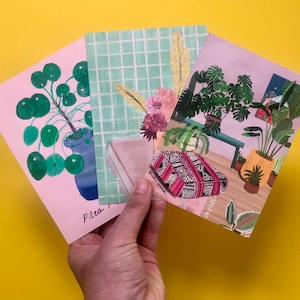 Set van 3 Botanische/bloemen kaarten-Greetingcard-botanical-bohemian style-Pilea-monstera-Studio lawiene-postcard set-small gift-wall art