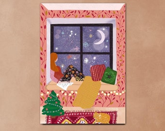 Cozy window Christmas time - Christmas card - postcard with envelope