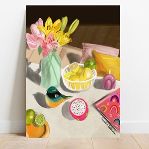 Früchte und Blumen – Illustrationsdruck – Wandkunst – Blumenkunst – Pastellfarben – botanischer Druck – Stillleben – Inneneinrichtung – Studio Lawiene