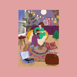 Cozy Guitar Girl- Christmas card - postcard with envelope - Kerst/winter kaart