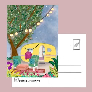 Happy camper- postal - tarjeta de felicitación - campinglife- boho - impresión de caravana - Studio Lawiene - pequeño regalo - impresión de ilustración - hippie