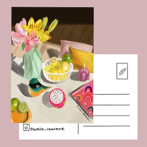 Frutas e flores - cartão postal - cartão de felicitações - arte de parede - arte floral - natureza morta - impressão botânica - pequeno presente - Studio LaWiene - pássaros
