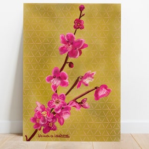 Little cherry blossom - Art print A4 A5 - Illustration print - sakura - flower art - gold - small gift - interior art - eclectic - colorful