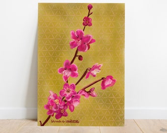 Little cherry blossom - Art print A4 A5 - Illustration print - sakura - flowerart - gold - small gift - interior art - eclectic - colorful