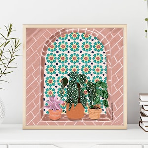 Póster de esquina de planta de mosaico cuadrado, arte de pared, arte botánico, marroquí, Marrakech, estilo bohemio, mosaico, amante de las plantas, 25 x 25 cm