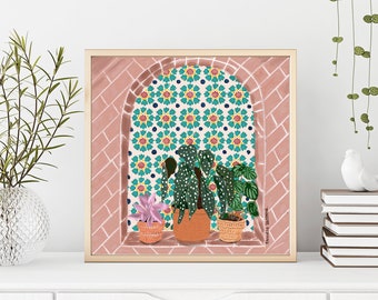 Mosaic plant corner-poster vierkant-wall art-botanical art-Moroccan-Marrakech-bohemian style-mosaic-plantlover-25 x 25 cm