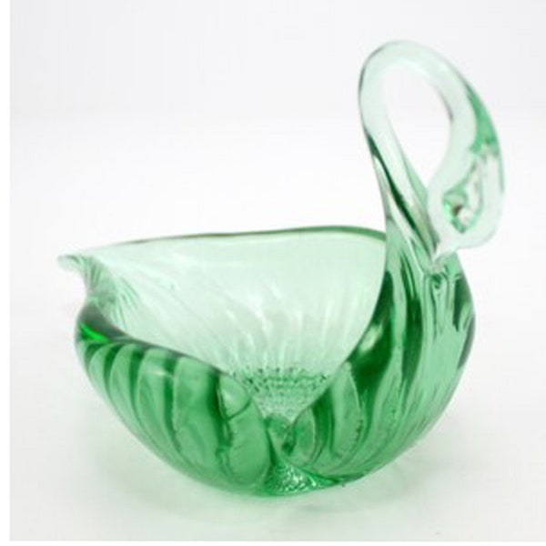 Green Glass, Swan, Vintage Ashtray, Trinket Dish