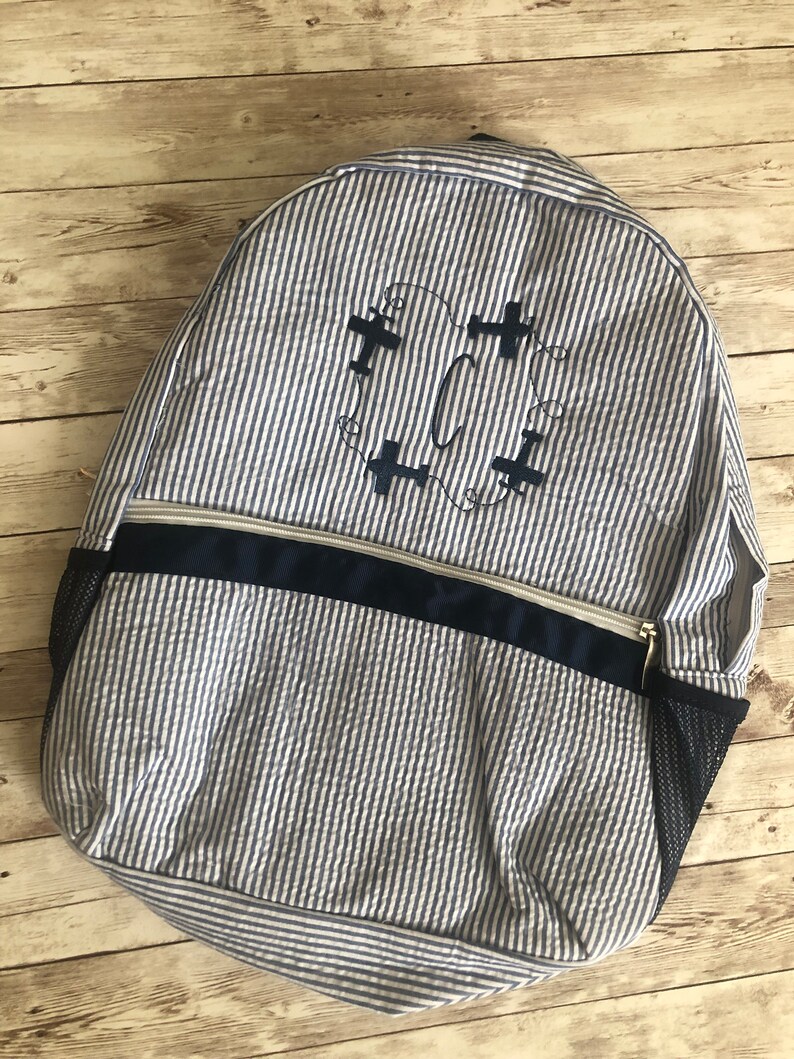 blue book bag Small Book Bag Airplane Monogrammed Book Bag airplane monogram frame personalized seer sucker book bag