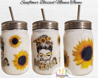 Sunflower Blessed Mama Tumbler: Crackle Effect Stainless Steel Mason Jar (12oz)