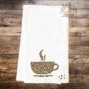Coffee Cup Themed Flour Sack Kitchen Tea Towels, Hostess Gift, Housewarming Gift, Coffee Lover Gift, Coffee Bar Decor Cup of Coffee Beans
