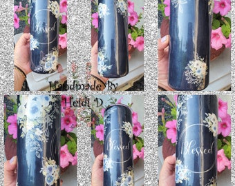 Handmade 'Blessed' Glitter Tumbler: Stainless Steel Epoxy Resin 20oz Skinny