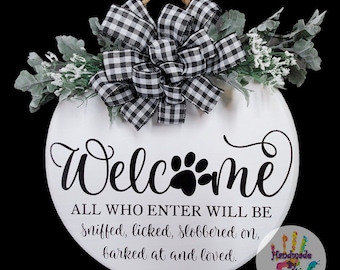 Dog Welcome Sign: Handmade Pine Door Hanger with Buffalo Plaid Bow