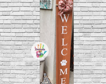 Welcome Dog Paw Print Porch Leaner: Real Wood Entryway Sign