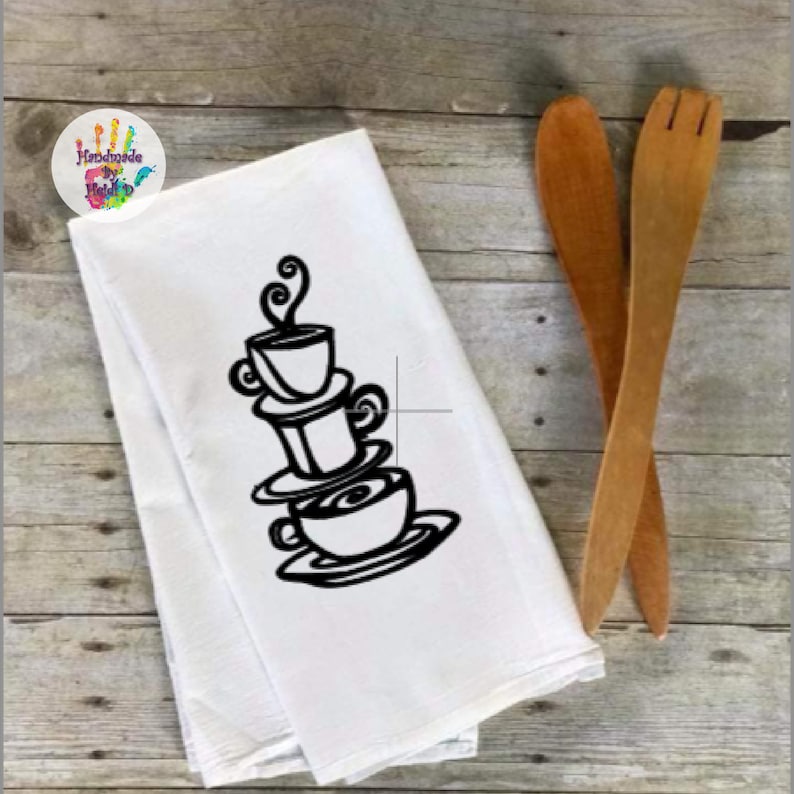 Coffee Cup Themed Flour Sack Kitchen Tea Towels, Hostess Gift, Housewarming Gift, Coffee Lover Gift, Coffee Bar Decor Stacked Cups