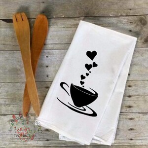 Coffee Cup Themed Flour Sack Kitchen Tea Towels, Hostess Gift, Housewarming Gift, Coffee Lover Gift, Coffee Bar Decor Cup w/Hearts Steam