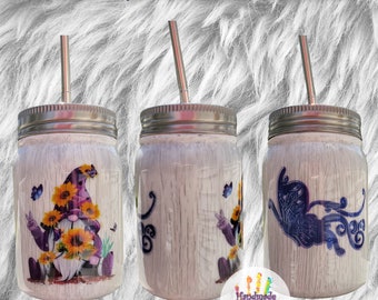 Handmade Gnome & Butterfly Tumbler: Crackle Effect Mason Jar, 12oz