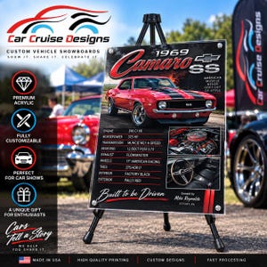 May include: A rectangular acrylic showboard featuring a 1969 Chevrolet Camaro SS in Rally Red. The board displays technical specifications including a 396 CI V8 engine, 375 HP, and Muncie M21 4-speed transmission, alongside images of the engine and interior.