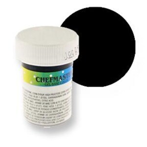 May include: A white jar of Chefmaster gel base food coloring with a black circle in the background. The jar has a white lid and a label with the brand name and ingredients. The label has blue, yellow, and green colors.