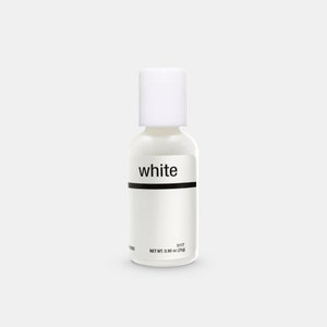 May include: A small white bottle with a white cap. The label reads "white" in a black font, with a black line underneath. The net weight is 0.90 oz (25g).