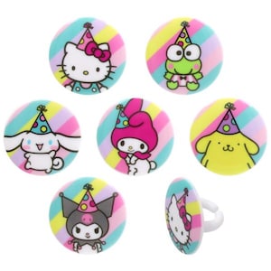 May include: A collection of colorful, round character rings featuring Hello Kitty, Keroppi, My Melody, and other Sanrio characters. Each ring has a striped background in pastel colors and a party hat.