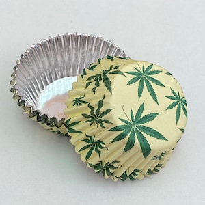 Marijuana Pot Leaf Foil Cupcake Liner (cream background) - STANDARD size | 50 count | Grease-Proof Baking Cups