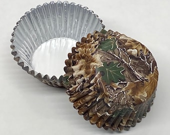 CAMO #1 (more leaves) Foil Cupcake Liner - STANDARD size | 500 count bulk sleeve | Grease-Proof Baking Cups