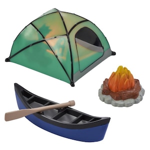 May include: A miniature camping set featuring a green and black tent, a blue canoe with a wooden paddle, and a campfire with orange and yellow flames. The tent has a black door and a gray base. The canoe is blue with a black interior.