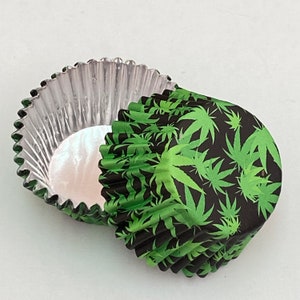 Marijuana Pot Leaf Foil Cupcake Liner (black background) - STANDARD size | 50 count | Grease-Proof Baking Cups
