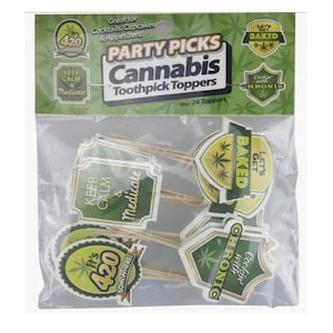 May include: A package of 24 cannabis-themed toothpick toppers. The toppers feature various designs, including "It's 420 Somewhere!" and "Let's Get Baked".