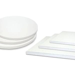 May include: A collection of white, round and square foam boards. The round boards are stacked in a fan shape, while the square boards are neatly stacked. The boards are made of a lightweight material.