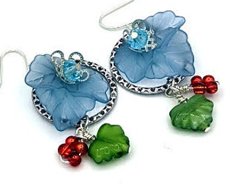 Vintage Style Floral Hoop Earrings, Swarovski Crystal, Blue/Green/Orange
