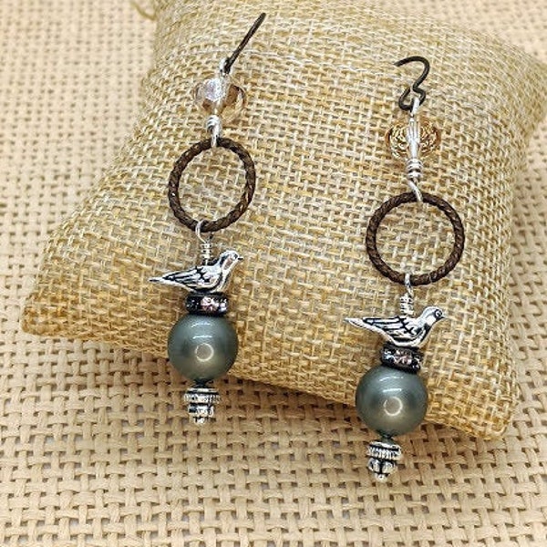 Pearl Bird Dangle Earrings, Gray Swarovski Pearls & Crystal