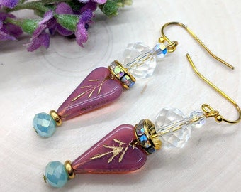 Artisan glass heart earrings with faceted crystals, Mother's Day, gift for her