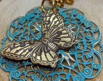 Butterfly Pendant, Filigree & Brass, with a brass lobster clasp