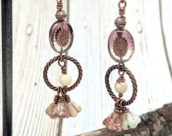 Copper flower Earrings, floral drops