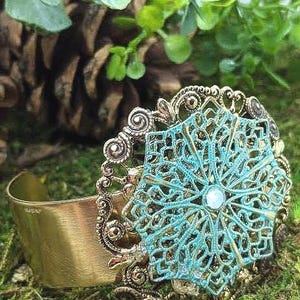 Brass Cuff Bracelet – Patina Filigree Statement Jewelry, Adjustable Boho Bracelet with Crystal Accent, Handmade Gift for Her