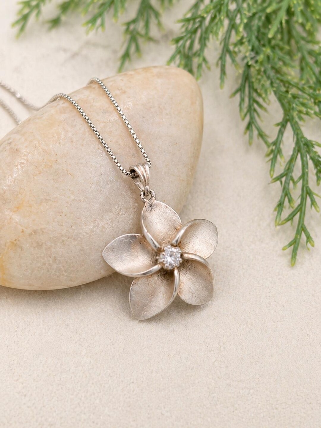 Vintage Sterling Silver Flower Necklace CZ Pendant - Etsy