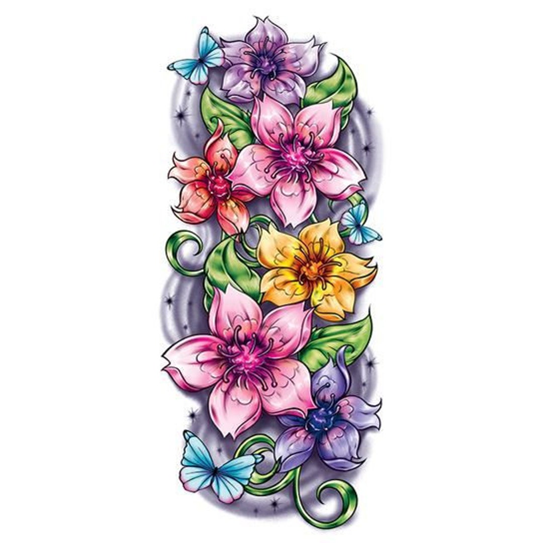 Tropical Flower Sleeve Temporary Tattoo Etsy