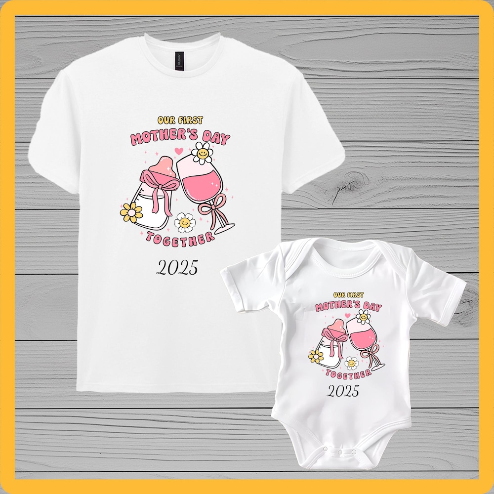 Snorider Design Mother And Baby Matching T Shirts And Baby Grow, Mother'S Day, Mothering Sunday, First Mother'S Day 2025, Our First Mother'S Day Pink Bottle
